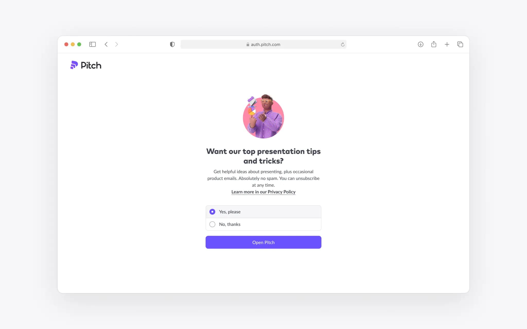 The updated newsletter signup screen